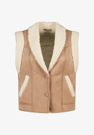 Tan mouwloos vest met een crèmekleurige nepbontkraag, een gemêleerd lichaam, twee voorzakken en knoopsluiting. Zacht en knus uiterlijk.