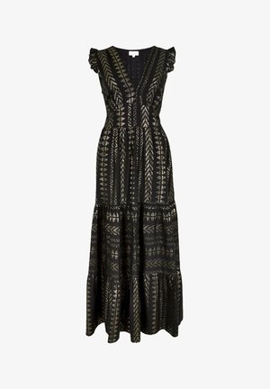Maxi dress made of black fabric with metallic gold geometric patterns. Features ruffled sleeves, a fitted bodice, and a tiered skirt.
