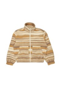 Giacca in pile con zip e colletto alto, caratterizzata da strisce orizzontali in beige, crema e marrone chiaro. Include due tasche frontali e polsini elasticizzati.