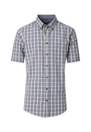 Kurzärmliges Hemd mit Knopfleiste in blau-beigem Karo-Muster, aus leichtem Stoff gefertigt, mit einer Brusttasche und einem Button-Down-Kragen.