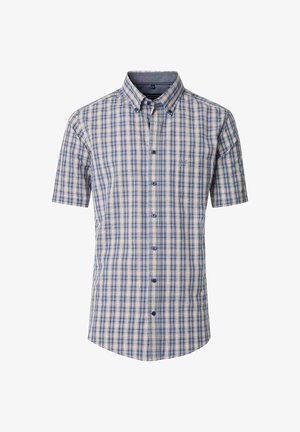Kurzärmliges Hemd mit Knopfleiste in blau-beigem Karo-Muster, aus leichtem Stoff gefertigt, mit einer Brusttasche und einem Button-Down-Kragen.