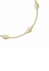 Collana in oro con maglie ovali e pietre bianche scintillanti incastonate. Il design alterna tra maglie d'oro massiccio e maglie decorate.