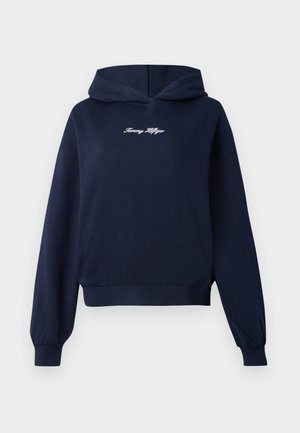 Felpa con cappuccio blu navy con logo ricamato sul davanti, vestibilità comoda, e polsini e orlo a coste. Tessuto morbido.