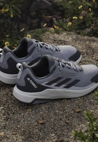 Pair of gray and black Terrex Adidas trail running shoes on gravel with small yellow flowers and green plants nearby.