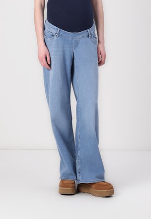Light blue wide-leg jeans with a mid-rise waist, five-pocket design, and subtle stitching details paired with tan platform shoes.