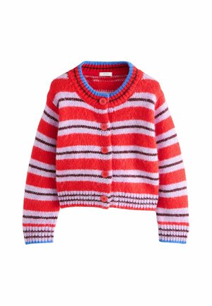 Red, pink, and brown striped knitted cardigan with blue trim, long sleeves, and five red buttons down the front.