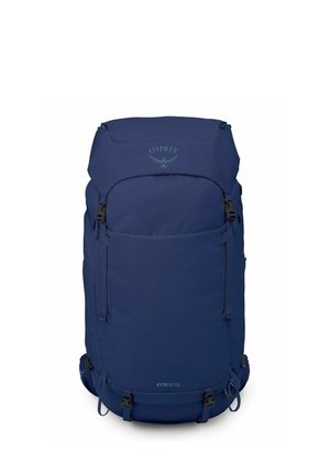 Mochila de senderismo Osprey Kyte LT 65 en azul oscuro con múltiples compartimentos y hebillas ajustables, diseñada para uso al aire libre.