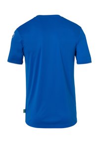 T-shirt bleu à manches courtes avec un col rond, fabriqué à partir d'un tissu lisse et léger. Présente un petit logo sur l'épaule gauche.