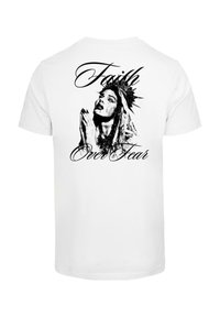 White cotton t-shirt featuring a black graphic design of a praying figure with a crown, along with the text "Faith Over Fear."