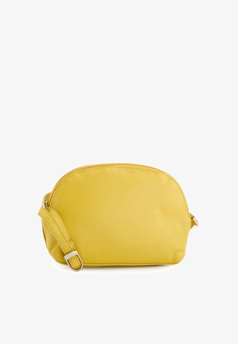 Yellow leather crossbody bag with a rounded shape, zip closure, and adjustable strap. Smooth texture with minimal stitching details.