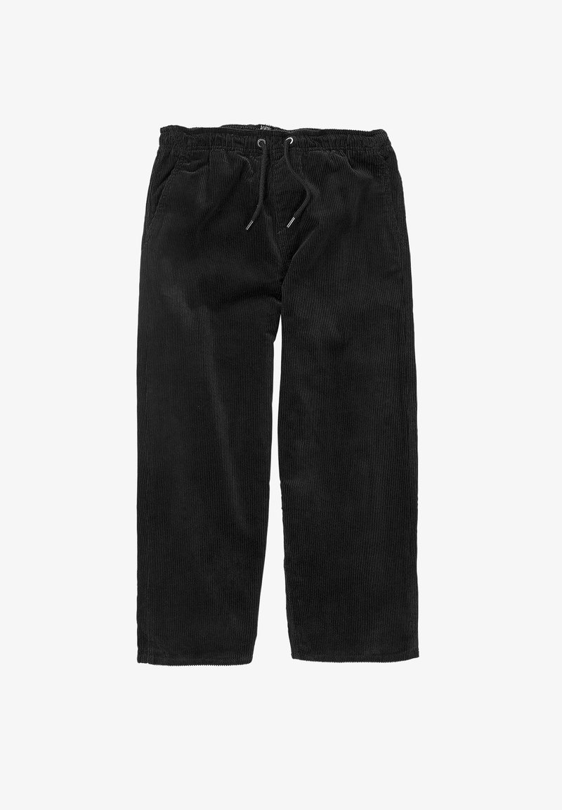 Pantalon noir en velours côtelé avec taille élastique, cordon de serrage et poches latérales, présenté à plat sur fond blanc.