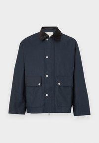 Veste bleu marine en matériau résistant à l'eau, dotée d'un col en velours côtelé, de boutons-pression et de deux grandes poches avant.