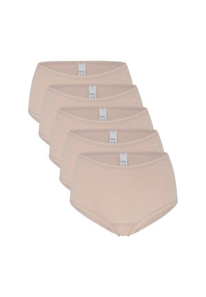 Cztery pary jasnobeżowych bawełnianych majtek o gładkiej fakturze, bez widocznych wzorów i z prostym elastycznym pasem. Metki wewnątrz.