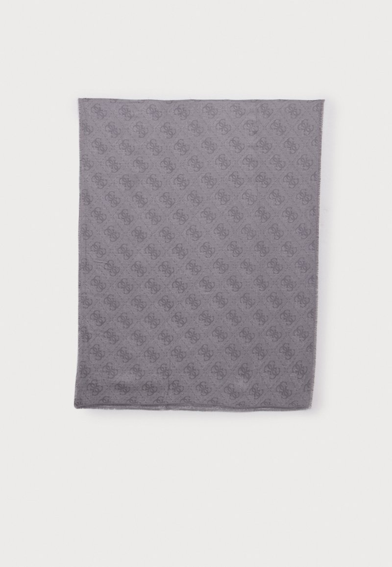 Tissu carré gris avec un motif de monogramme subtil répétitif et des bords légèrement effilochés, posé à plat sur un fond blanc.