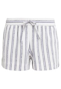Pantaloni corti di cotone a righe con una base bianca e righe verticali blu navy, cintura elastica con cordino e vestibilità ampia.