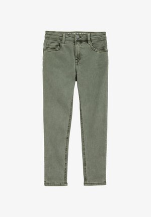 Zelene jeans z klasičnim petim žepom, zadrgo in gumbom za zapiranje. Imajo subtilno staranje in šivane detajle.