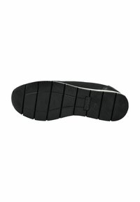 Suola di scarpe in gomma nera con superficie testurizzata, caratterizzata da scanalature orizzontali e rilievi verticali per la trazione, contrassegnata con dettagli del marchio.