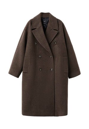 Abrigo marrón de pata de gallo con diseño de doble botonadura, solapas anchas y dos bolsillos frontales. Hecho de tela texturizada, con un corte suelto y a medida.