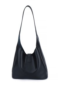 Black leather shoulder bag with a sleek, curved shape, featuring a wide strap and a subtle flap closure on the front. Smooth texture.