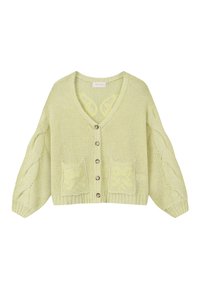 Cardigan de punto verde claro con mangas de patrón de trenza, botones en la parte delantera, dos bolsillos delanteros y cuello en V.