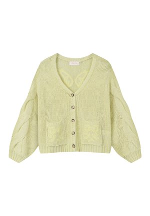 Cardigan de punto verde claro con mangas de patrón de trenza, botones en la parte delantera, dos bolsillos delanteros y cuello en V.