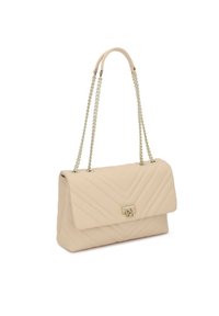 Beige gesteppte Lederhandtasche mit goldfarbenen Kettenriemen und einem goldfarbenen Drehverschluss an der vorderen Klappe.