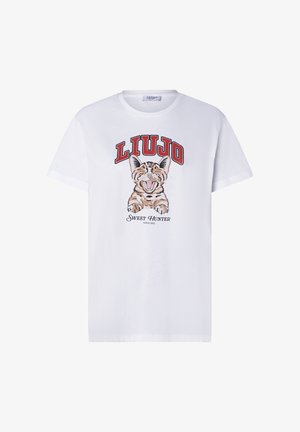 White cotton t-shirt featuring a graphic of a smiling cat with the text “LIUJO” and “Sweet Hunter” in red and black accents. Short sleeves.