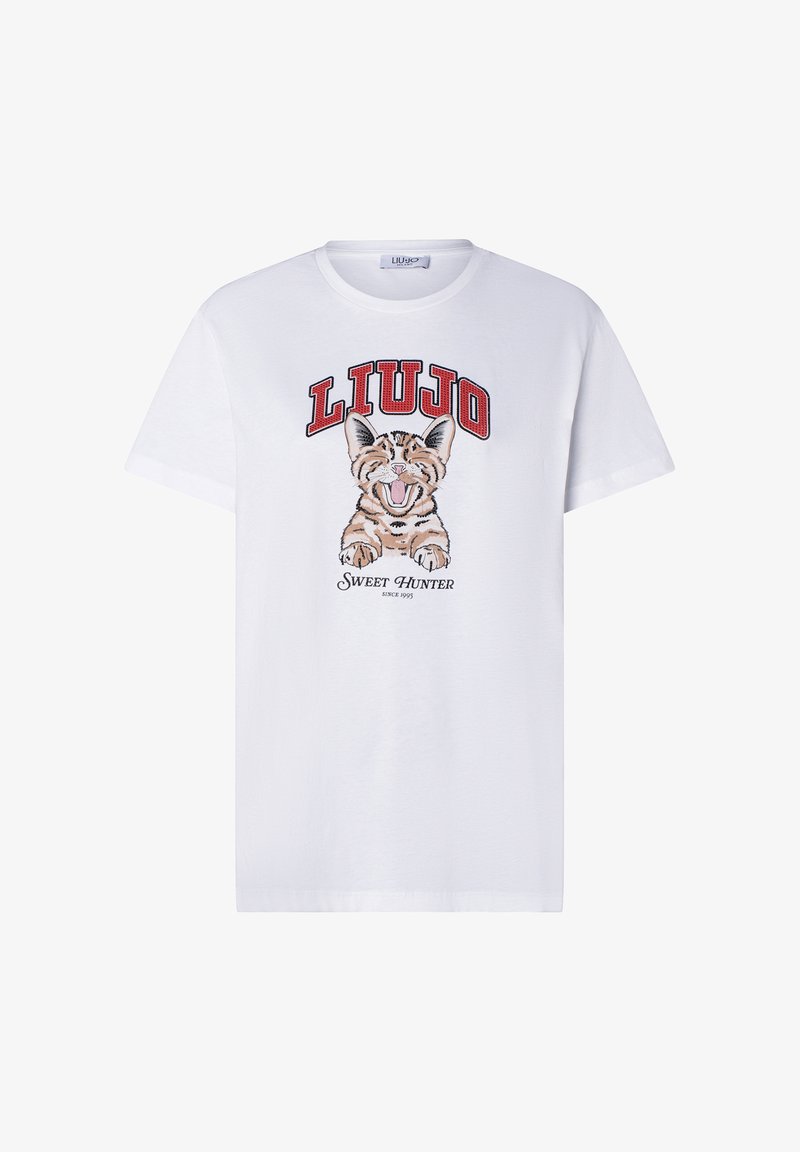 White cotton t-shirt featuring a graphic of a smiling cat with the text “LIUJO” and “Sweet Hunter” in red and black accents. Short sleeves.
