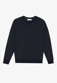 Suéter de punto azul marino con un patrón texturizado, cuello redondo y puños y dobladillo acanalados. Fabricado con un tejido suave y transpirable.