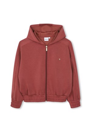 Sweat à capuche zippé rouge doux avec poignets et ourlet élastiques, avec un petit logo sur la poitrine et une capuche avec coutures intérieures.