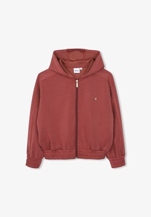 Sweat à capuche zippé rouge doux avec poignets et ourlet élastiques, avec un petit logo sur la poitrine et une capuche avec coutures intérieures.