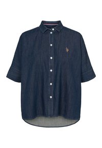 Donkerblauw denim overhemd met korte mouwen, knoopsluiting aan de voorkant en een afgeronde zoom. Voorzien van een geborduurd logo op de borst.