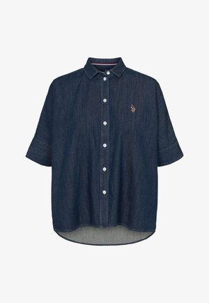 Cămașă din denim albastru închis cu mâneci scurte, închidere cu nasturi și tiv rotunjit. Prezintă un logo brodat pe piept.