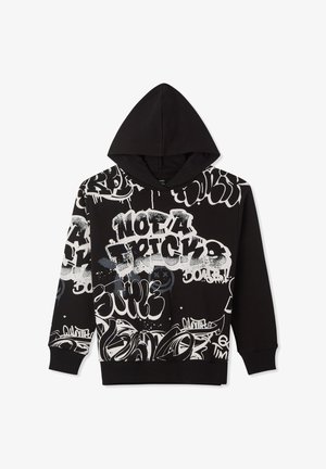 Felpa nera con cappuccio caratterizzata da grafiche in stile graffiti bianche e grigie, con la scritta "NOT A TRICK", polsini e orlo a costine.