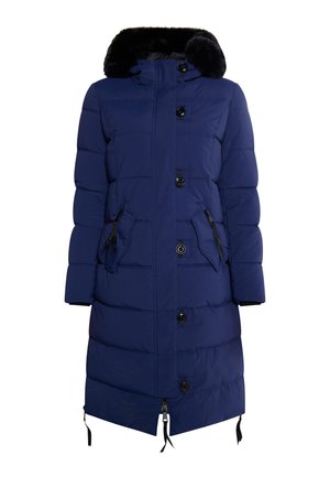 Marineblauwe pufferjas met een met bont gevoerde capuchon, ritszakken en knopen aan de voorkant. Gelaagde stof met een gladde afwerking.