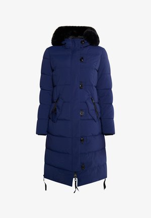 Marineblauwe pufferjas met een met bont gevoerde capuchon, ritszakken en knopen aan de voorkant. Gelaagde stof met een gladde afwerking.