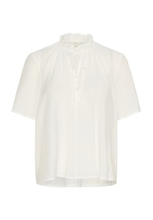 Bijela bluzica s kratkim rukavima od strukturirane tkanine, s naboranim izrezom i vezanjem na kravatu s gumbima sprijeda.