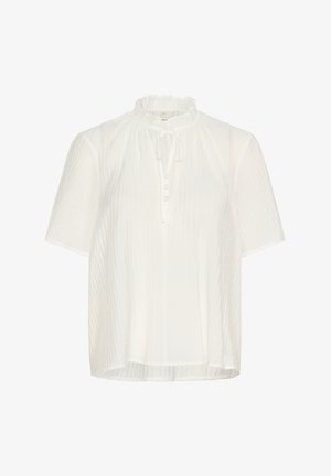 Bijela bluzica s kratkim rukavima od strukturirane tkanine, s naboranim izrezom i vezanjem na kravatu s gumbima sprijeda.