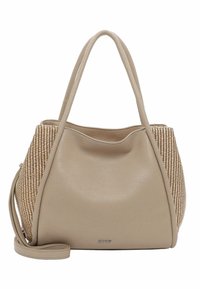Sac à main en cuir beige avec panneaux latéraux tissés, doubles poignées supérieures et bandoulière amovible, stylé dans une forme moderne et structurée.