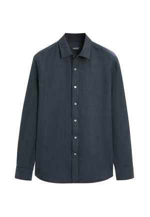 Camicia grigia scura a maniche lunghe con bottoni, colletto e bottoni bianchi, mostrata stesa su uno sfondo bianco.