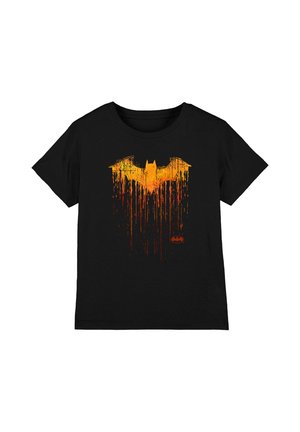 Black short-sleeve t-shirt with a large orange Batman logo that appears to be dripping paint on the front center.