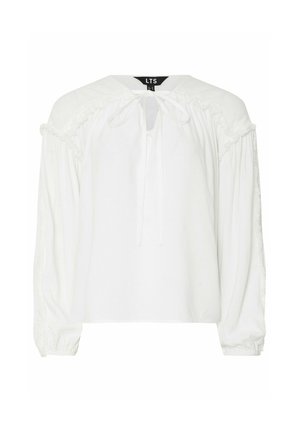 Biała bluzka z długimi, zwiewnymi rękawami z falbaniastymi akcentami, z wiązaniem przy szyi i luźnym krojem. Lekki materiał o gładkiej fakturze.
