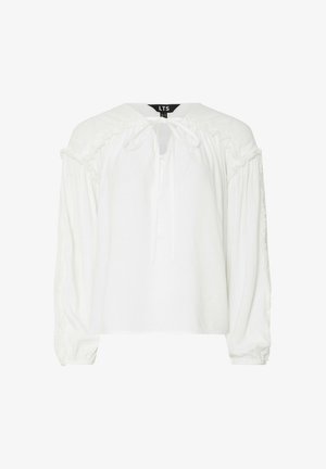 Hvid bluse med lange, luftige ærmer med flæse-accenter, en bindebånd ved halsen og en afslappet pasform. Letvægtsstof med en glat tekstur.