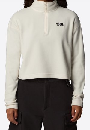 Femme portant un polaire blanc court à demi-fermeture éclair avec le logo The North Face et un pantalon cargo noir avec poches à rabat.