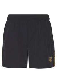 Svarta simshorts med elastisk midja, med en gyllene logotyp på sidan, tillverkade av ett lätt och rynkbeständigt material.