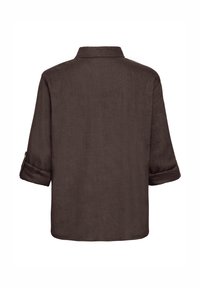 Chemise marron foncé à manches longues avec manches retroussées, col classique et ourlet droit au dos.