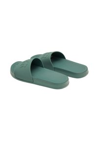 Green rubber slide sandals with two wide straps, textured footbed, and embossed logo detail on the upper strap. Flat sole design.