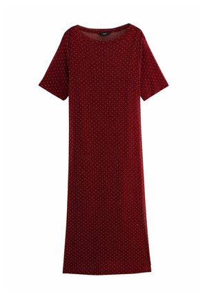 Rotes, kurzärmliges Kleid aus strukturiertem Stoff, mit lockerem Schnitt und kleinen weißen Punkten auf der Oberfläche. Rundhalsausschnitt.