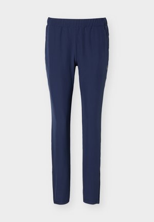 Neformálne nohavice tmavomodrej farby s elastickým pásom a rovnými nohavicami, navrhnuté pre pohodlné nosenie.