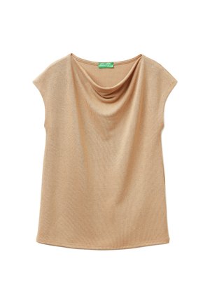 Beige drape top van zachte stof, met een brede halslijn en kapmouwen. Glad textuur met een comfortabele pasvorm, minimalistisch ontwerp.